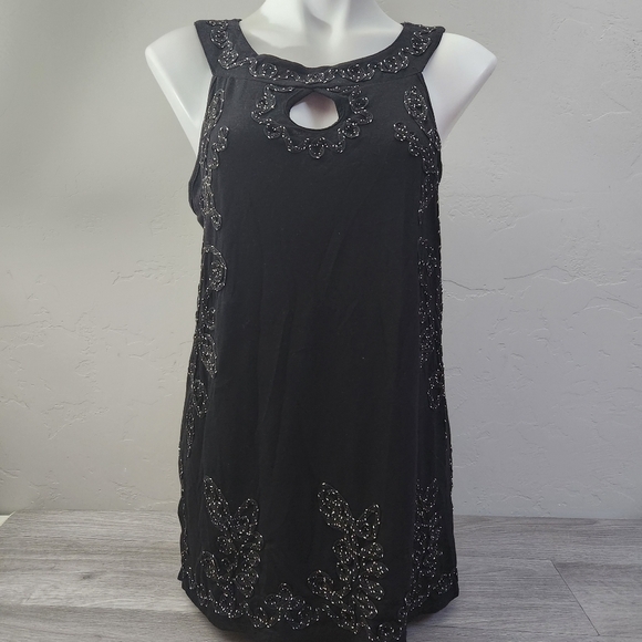 Lauren Michelle Black Top Size L‎ Embroidered Floral Swirl Keyhole Boat Neckline - Picture 1 of 13